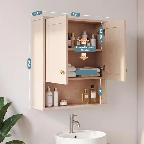 Miniatura 2 de Armario de pared de baño sobre el inodoro, armario de almacenamiento de 2 puertas montado en la pared, botiquín de madera con estantes ajustables