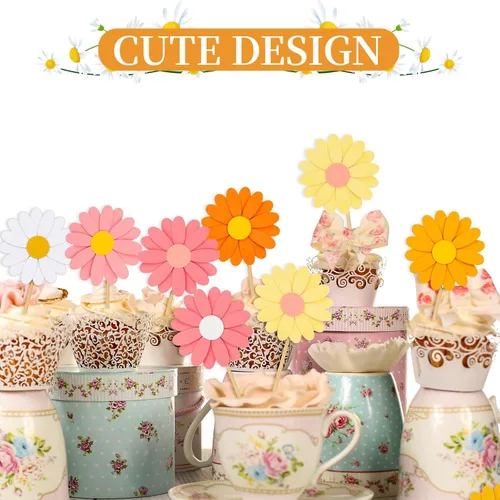 Miniatura 4 de Henoyso 48 decoraciones para cupcakes de margaritas de primavera Groovy Spring Flower Cake Topper de los años 70, hippie, bohemio, joven, salvaje