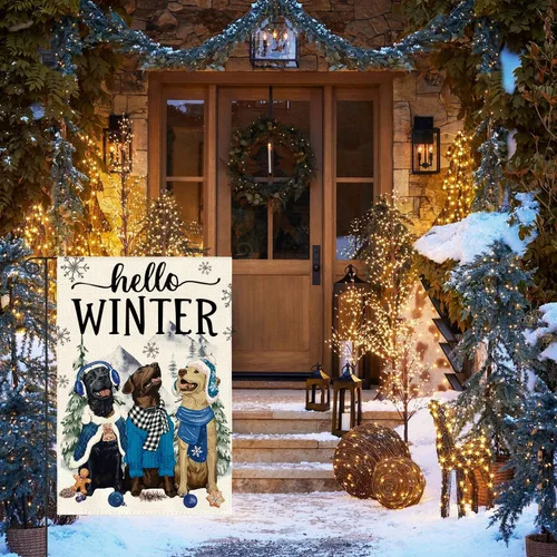 Miniatura 4 de AVOIN colorlife Bandera de Jardín Hello Winter Dog de 12x18 Pulgadas Doble Cara para Exterior, Bandera de Patio Exterior Rústica Estacional con Copo