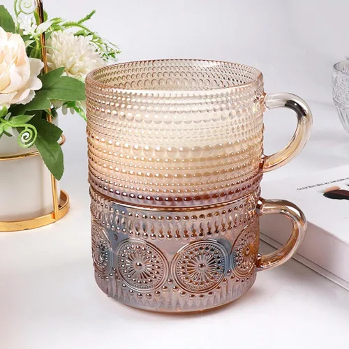 Miniatura 3 de MFACOY Juego de 2 tazas de café vintage, tazas de té de vidrio de 14 onzas con asa, tazas de vidrio en relieve ámbar para capuchino, latte