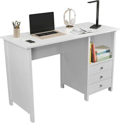 Techni Mobili Escritorio blanco con cajones: escritorio de oficina pequeño con 3 cajones de gabinete, estante abierto y paneles de madera laminada,