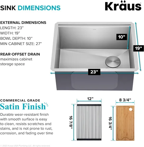 Miniatura 4 de KRAUS KWU111-23 Kore - Fregadero de cocina con estación de trabajo de 23 pulgadas, para empotrar, cuenco individual, de acero inoxidable calibre 16