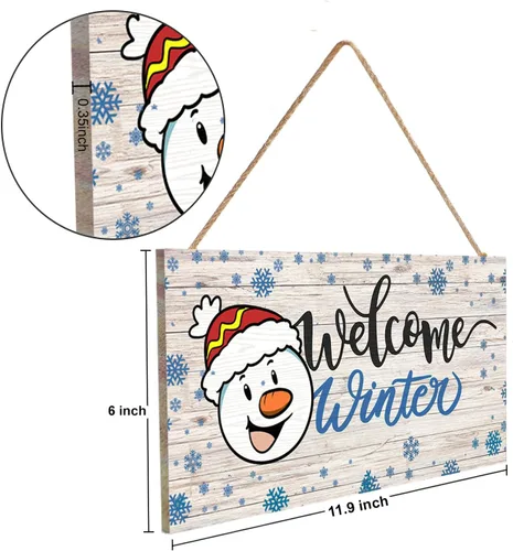 Miniatura 2 de Letrero de bienvenida de invierno, decoración rústica de madera para pared y puerta, muñeco de nieve impreso y copos de nieve, 11.9 x 6 pulgadas