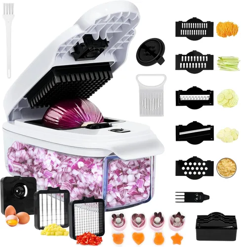 Miniatura 10 de Picador de verduras 13 en 1 Picador de cebolla · Picador de verduras con recipiente · Picador de ensalada · Cortador de patatas – Regalo