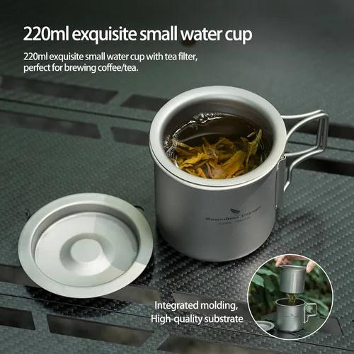 Miniatura 4 de iBasingo Taza de titanio de 7.4 fl oz con colador, taza de camping con tapa, mango plegable, de una sola pared, ligera, portátil para beber al aire