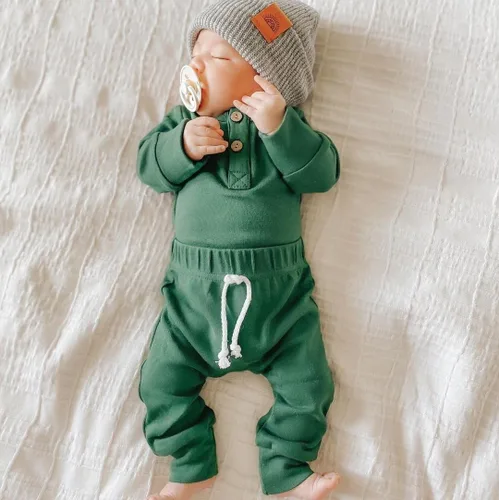 Miniatura 2 de Ropa de bebé recién nacido, ropa de punto acanalado, manga larga, pantalones de algodón sólido, trajes de otoño e invierno, 2 piezas