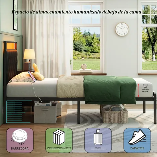 Miniatura 7 de Base de cama individual con estación de carga, luz LED y cabecera tapizada de piel sintética, base de cama de plataforma con almacenamiento debajo