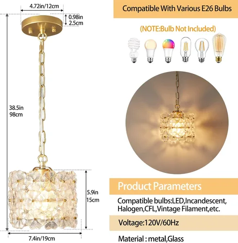 Miniatura 7 de Lámpara colgante de cristal, lámpara de techo colgante ajustable dorada moderna para isla de cocina, comedor, sala de estar, dormitorio