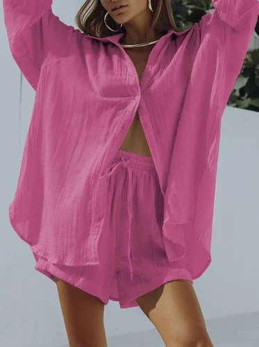 Miniatura 4 de Fixmatti Conjunto de 2 piezas para mujer, blusa de manga larga con botones y pantalones cortos