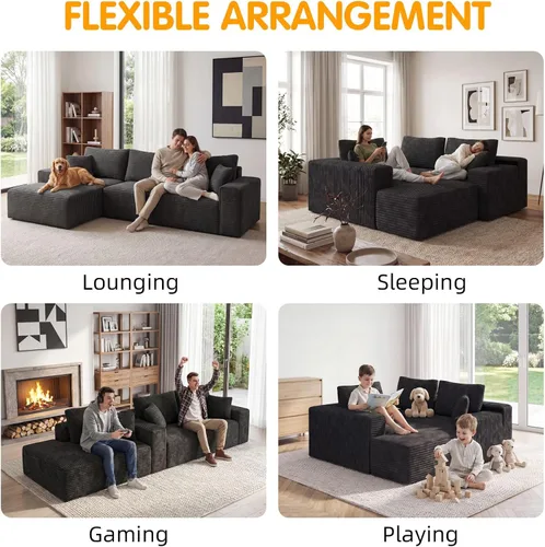 Miniatura 5 de Sofá seccional Cloud de 104 pulgadas con diván en forma de L, moderno sofá modular seccional de pana, sofás sin hueso para sala de estar y Negro
