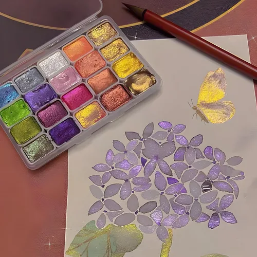 Miniatura 2 de Juego de pintura de acuarela metálica de 20 colores con purpurina, modelo metálico nacarado sólido, kit de arte de viaje para pintar sobre la marcha
