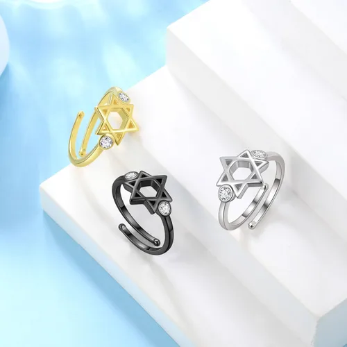 Miniatura 69 de Jewmon Anillo de plata de ley con estrella de David para mujer – Anillo ajustable Magen David – Amuleto Wicca – Regalos judíos