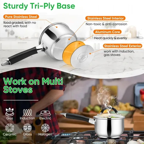 Miniatura 5 de P&P CHEF - Cacerola de acero inoxidable de 1 cuarto de galón con tapa, pequeña olla de leche para cocina multiusos, tapa de vidrio visible y asa