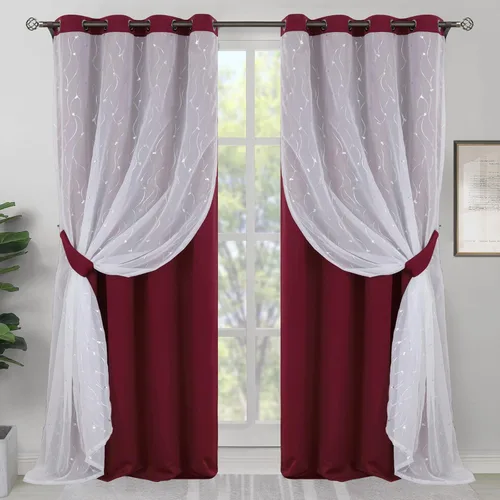 Miniatura 14 de BGment Cortinas de oscurecimiento de habitación con superposición transparente, cortinas de tul estampado plateado de doble capa para sala de estar