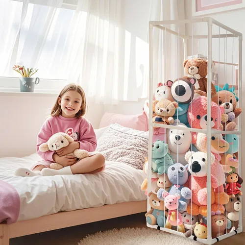 Miniatura 8 de Almacenamiento de Zoológico de Animales de Peluche - Organizador Alto de Juguetes de Material PVC con Cordones Elásticos y Estante, Casa