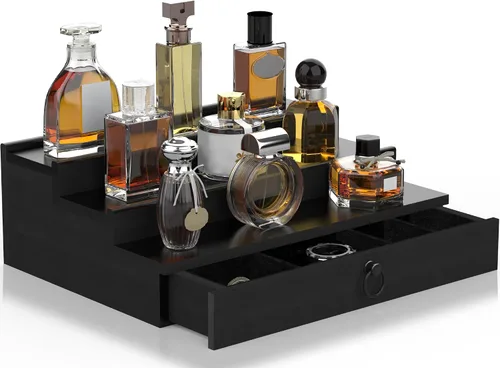 Miniatura 13 de Organizador de colonia upcessory para hombres, organizador de perfume de madera negra de 4 niveles con cajón forrado de fieltro y compartimento
