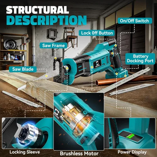 Miniatura 2 de Cerycose Sierra recíproca inalámbrica compatible con batería Makita de 18 V, velocidad variable de 1 pulgada de longitud de carrera, 3200 SPM