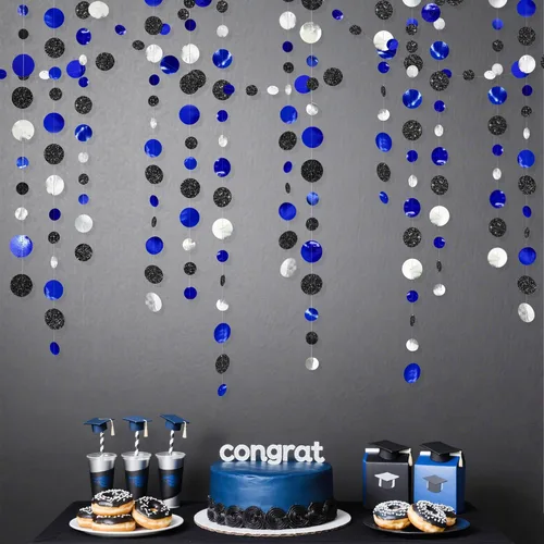 Miniatura 4 de Guirnalda de 46 pies de puntos circulares azul marino, negro y plateado, serpentina de lunares azul real y negro para cumpleaños, graduaciones