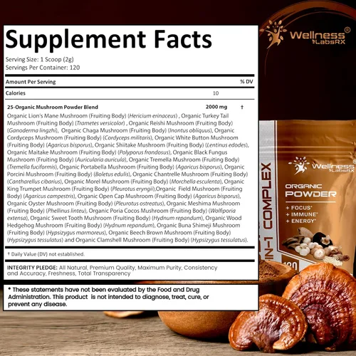 Miniatura 3 de WELLNESS LABSRX Polvo de hongos, suplemento de hongos 25 en 1, 2000 mg, 25 superalimentos en polvo de melena de leones con chaga, shiitake