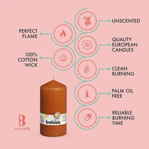 Miniatura 3 de BOLSIUS 4 velas de pilar naranja, 3 x 6 pulgadas, envueltas individualmente, calidad europea premium, 65 horas de combustión, llama suave sin goteo