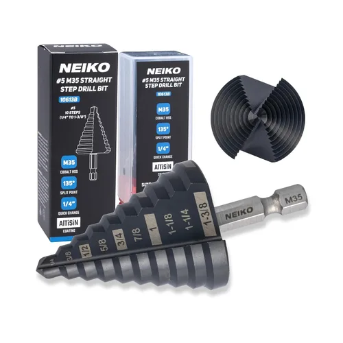 Miniatura 35 de NEIKO 10602B Step Drill Bit, 13 Steps 1/8" to 1/2" Spiral M35 Cobalt, AlTiSiN Coated, 1/4" Quick Change Step Bits for Steel, Metal, Wood, Plastic