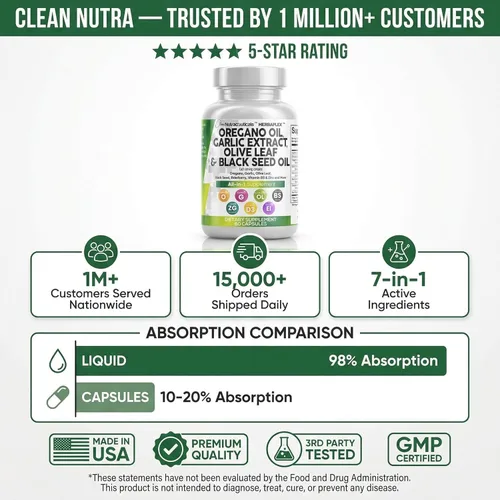 Miniatura 8 de Clean Nutra Aceite de Orégano con Aceite de Semilla Negra Ajo Extracto de Hoja de Olivo - Cápsulas de Aceite de Orégano Apoyo Inmunológico