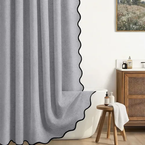Miniatura 23 de Cortina de Ducha de Lino Beige Bonita Negra Festoneada Boho Moderna Cortinas de Ducha para Baño Juego, 48" W x 72" L