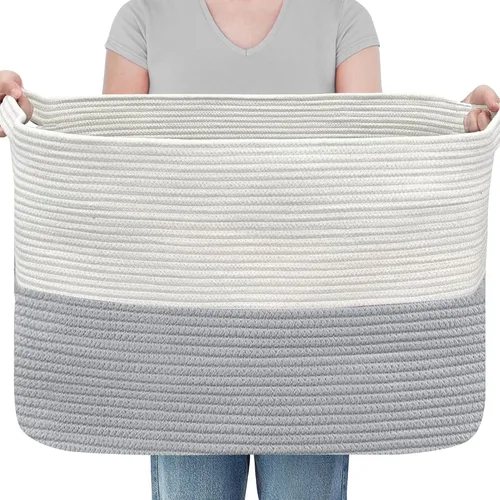Miniatura 9 de MEGASKET Cesta de almacenamiento grande de color rosa, 22 x 17 x 12 pulgadas, contenedor rectangular de cuerda de algodón para organizar, Blanco