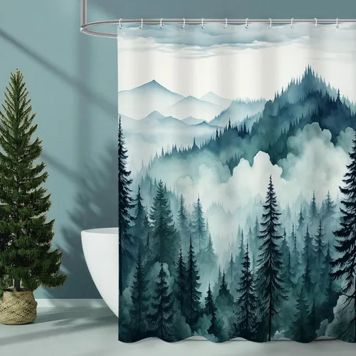 Miniatura 22 de Litabel - Cortina de ducha negra pequeña de 36 x 72 pulgadas, diseño de bosque de pino neblinoso, cortinas de ducha estrechas de medio