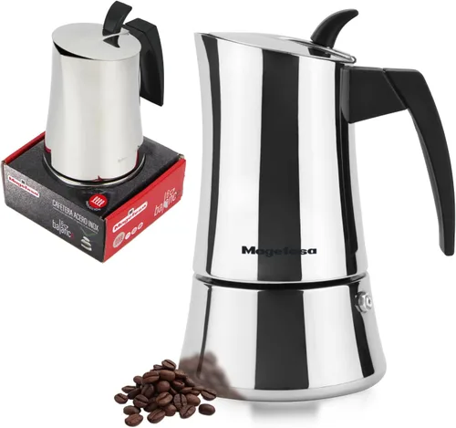 Magefesa Balance - Cafetera de café expreso de acero inoxidable de 6 tazas, cafetera italiana clásica con mango y perilla de baquelita, cafetera