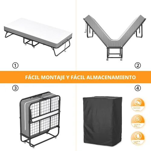 Miniatura 7 de INTERGREAT Cama plegable, cama portátil de tamaño individual de 75 x 38 pulgadas para adultos, camas plegables de metal para huéspedes con ruedas