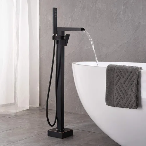 Miniatura 3 de Wowkk Grifo de bañera independiente con grifo de bañera cascada de una sola manija de bronce aceitado montado en el piso grifos con ducha de mano