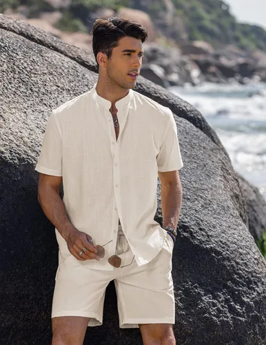 Miniatura 4 de COOFANDY Conjunto de 2 piezas de ropa de playa de lino para hombre