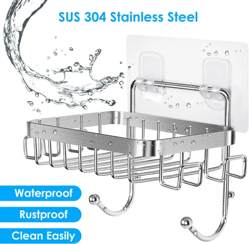 Miniatura 5 de ODesign Soporte para jabonera SUS304 de acero inoxidable con 6 ganchos, esponja de baño de lufa, soporte para maquinilla de afeitar para baño, Plata