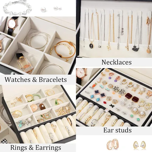 Miniatura 4 de SIMBOOM Joyero para mujeres y niñas, organizador de joyas de 2 capas con cerradura, estuche de almacenamiento de joyas con bandeja extraíble