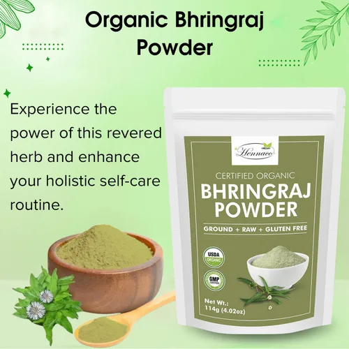 Miniatura 4 de Polvo orgánico de Bhringraj - Polvo de máscara capilar Bhringraj, bolsa resellable con cierre de cremallera, orgánico USDA, polvo bhringraj