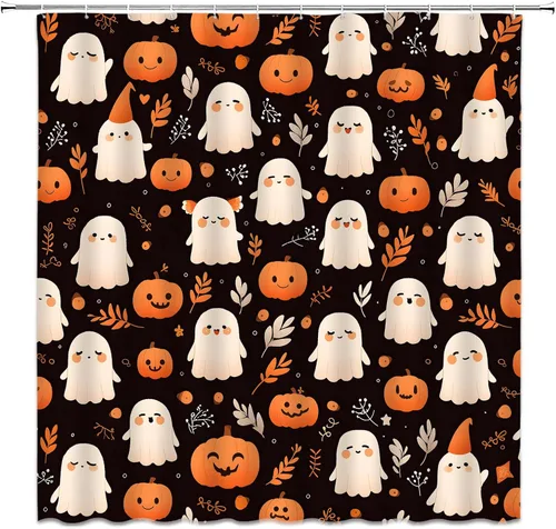 Miniatura 2 de Cortina de ducha de fantasma de Halloween, diseño de calabaza espeluznante, hojas retro, divertida tela de dibujos animados para decoración de baño
