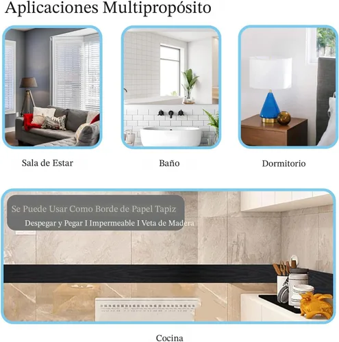Miniatura 5 de Papel tapiz autoadhesivo de PVC con vetas de madera negra, impermeable y removible, borde decorativo para pared de cocina o baño, 4.2 x 390 pulgadas