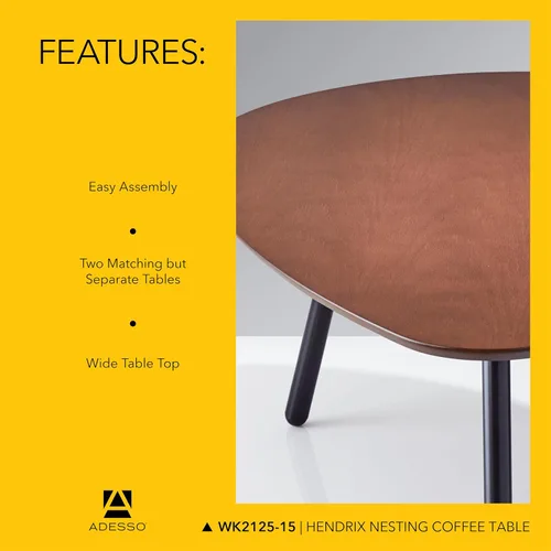 Miniatura 6 de Adesso Juego de dos mesas auxiliares anidables, chapa de roble nogal y patas de metal negro mate, mesas decorativas modernas versátiles para salas