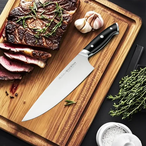 Miniatura 9 de Cuchillo de chef de 8 pulgadas, acero alemán afilado DIN1.4116, cuchillo de cocina multiusos para cortar, cortar en dados y picar, mango ergonómico