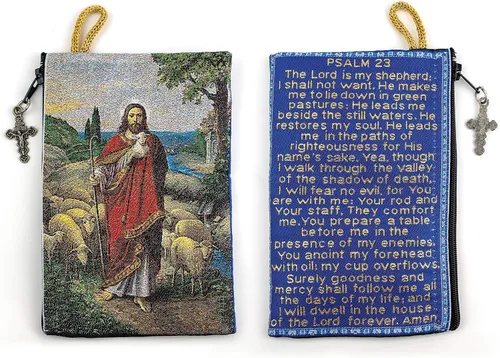 TREE OF LIFE REV. 2214 Bolsa de rosario católico, Jesús el Buen Pastor y Salmo 23, 4 x 6 pulgadas, joyería y monedero con cruz, pequeña bolsa tejida