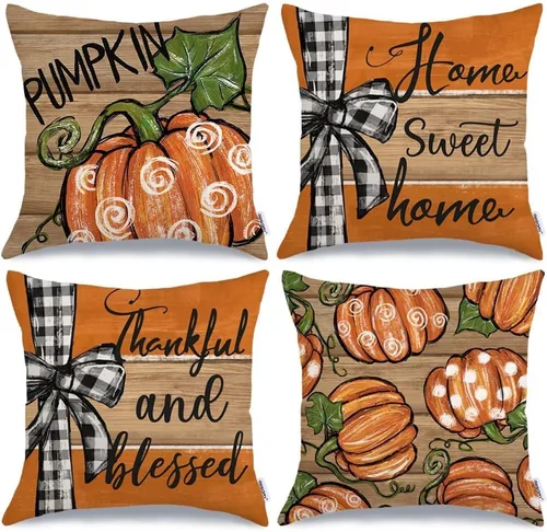 Miniatura 21 de GEEORY Juego de 4 fundas de almohada de otoño de 18 x 18 pulgadas, diseño de calabazas y tarros de masón, decoración agradecida, fundas de cojín