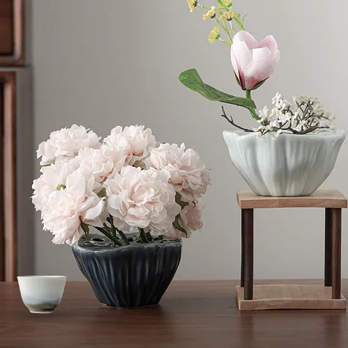 Miniatura 7 de Florero de cerámica en forma de loto, 1 maceta de cerámica con forma de loto, arreglo floral para decoración del hogar y la oficina