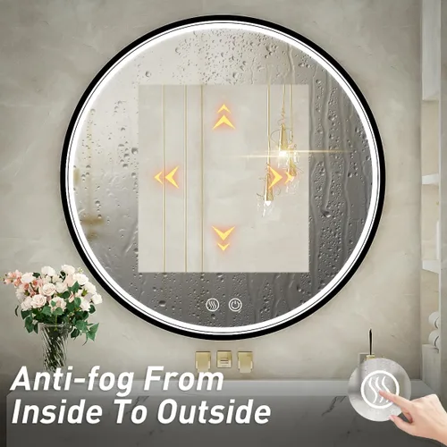 Miniatura 4 de Espejo de baño LED redondo de 36 pulgadas, espejo de tocador antivaho regulable con control táctil, luz natural de 6000 K, marco de metal negro