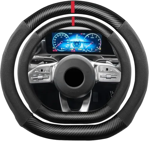 Miniatura 45 de Funda de volante de ante con fibra de carbono de K LAKEY, compatible con Porsche 718 Boxster Cayman 911 Panamera Macan Cayenne de 15 pulgadas, cuero