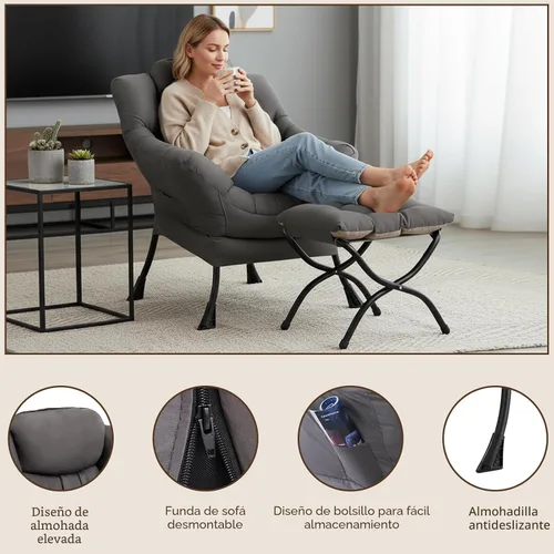 Miniatura 4 de Welnow - Silla perezosa con otomana, moderna silla de descanso con reposabrazos y bolsillo lateral, sillón de sofá tapizado de ocio, sillón de Gris