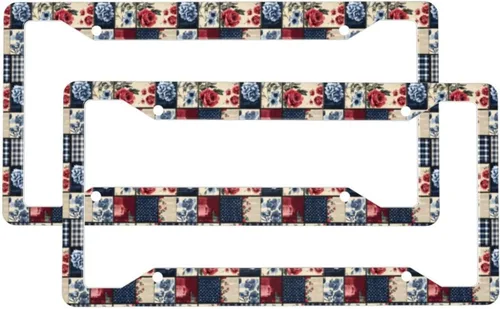 2 Pcs Car License Plate Frames for Women Men - Vintage Rose Check Print Solid Aluminum License Plate Cover for Car Accessories for Women Men with
