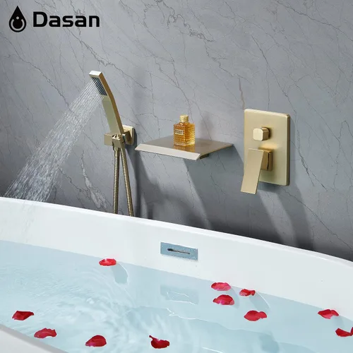 Miniatura 6 de DASAN - Grifo de llenado de bañera de montaje en pared mejorado con ducha de mano, grifo de bañera moderno montado en la pared, dorado cepillado