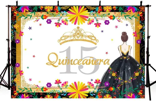 AIBIIN Telón de fondo de quinceañera de 7 x 5 pies con temática mexicana de cumpleaños 15 para niñas, fondo de fotografía de princesa negro y dorado