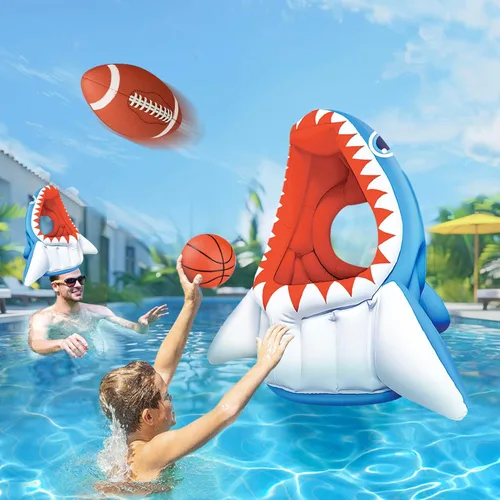 iPlay, iLearn Juguete inflable 3 en 1 de piscina de tiburón para niños, juego de piscina inflable de baloncesto y fútbol, juego de lanzamiento,